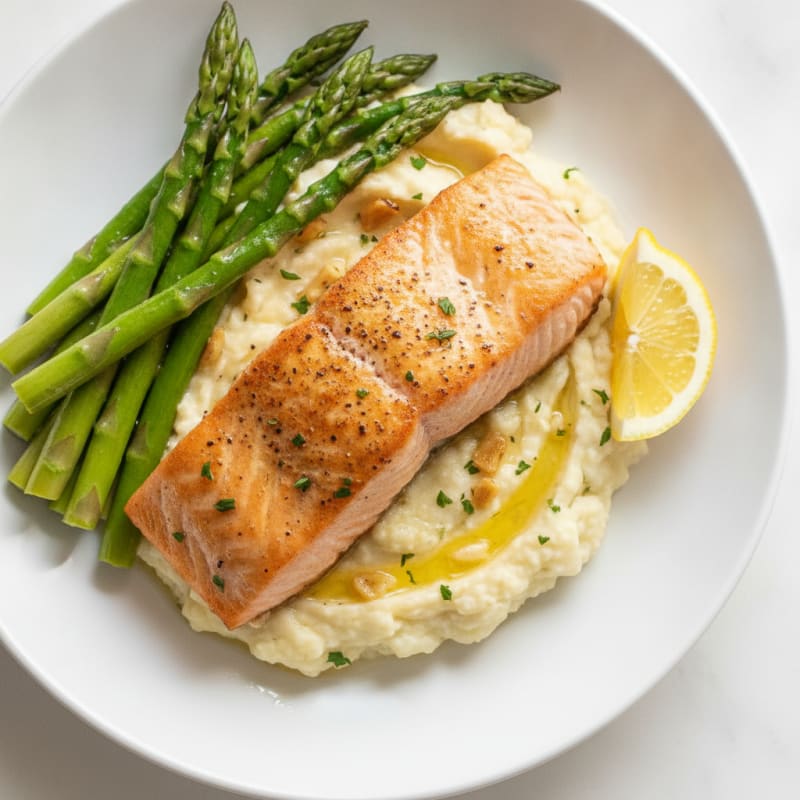 Seared Salmon with Steamed Asparagus and Garlic Mashed Cauliflower