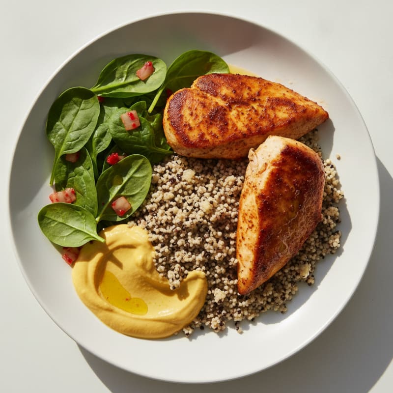 Paprika Chicken with Black and White Cous Cous and Spinach Salad