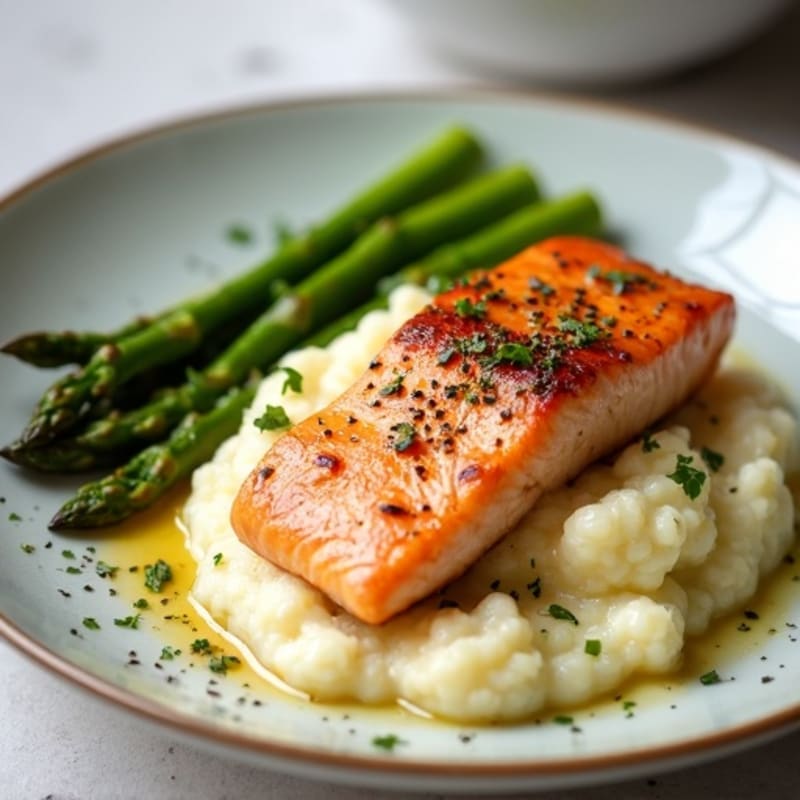 Seared Salmon with Steamed Asparagus and Garlic Cauliflower Mash