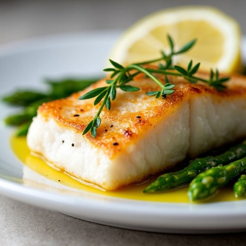 Seared Cod with Steamed Asparagus and Lemon