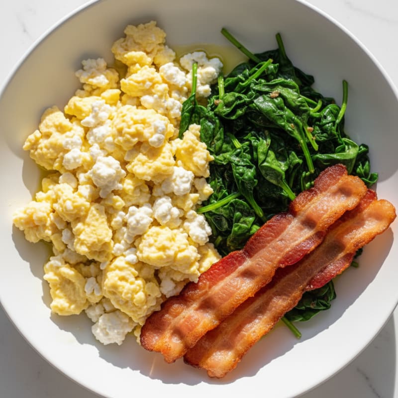 Cottage Cheese Scramble with Sautéed Spinach and Turkey Bacon