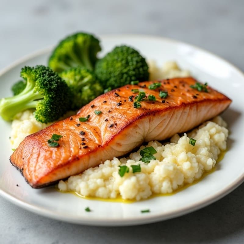 Seared Salmon with Steamed Broccoli and Garlic Cauliflower Mash