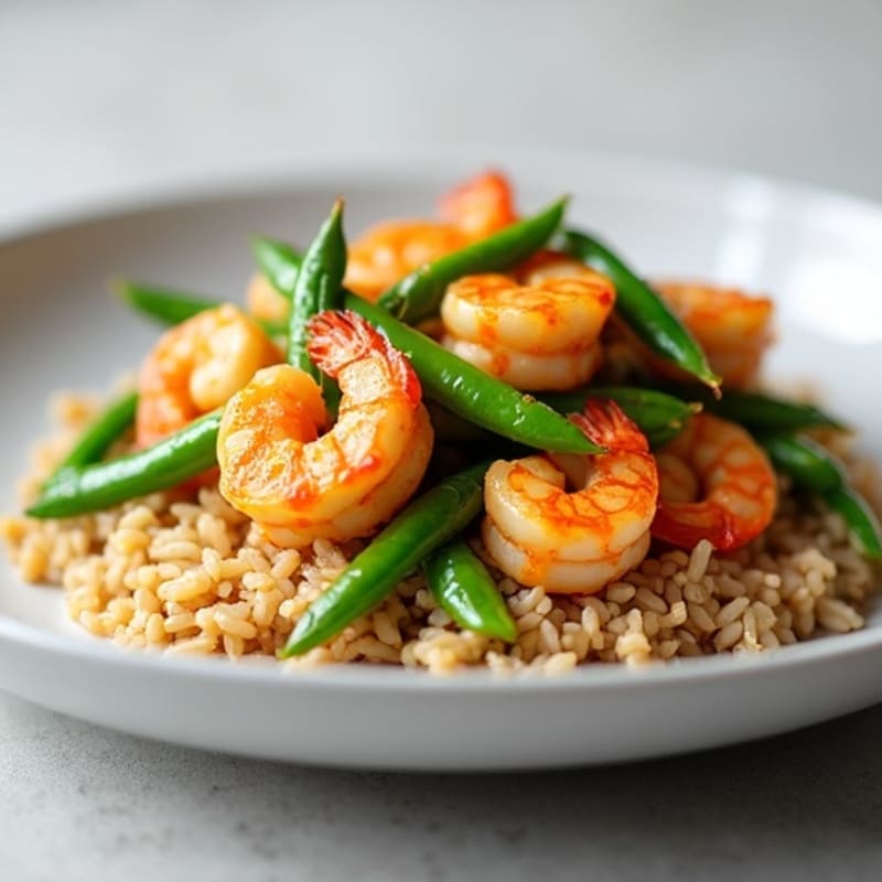 Garlic-Ginger Shrimp Stir-Fry with Crisp Snap Peas and Fluffy Brown Jasmine Rice
