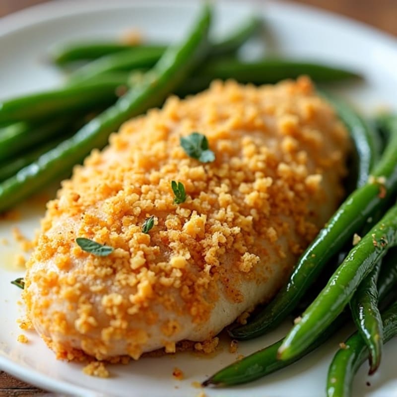 Crispy Baked Chicken with Zesty Cheesy Coating and Roasted Green Beans