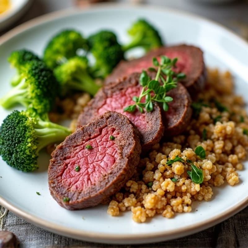 Seared Lean Beef Strips with Roasted Broccoli and Quinoa
