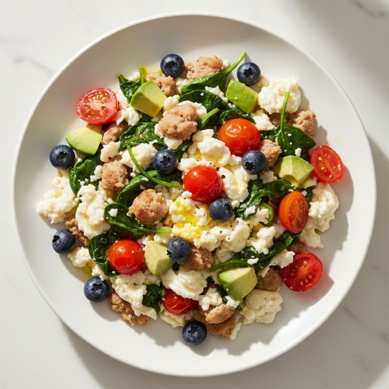 Egg White and Turkey Sausage Scramble with Spinach and Tomatoes