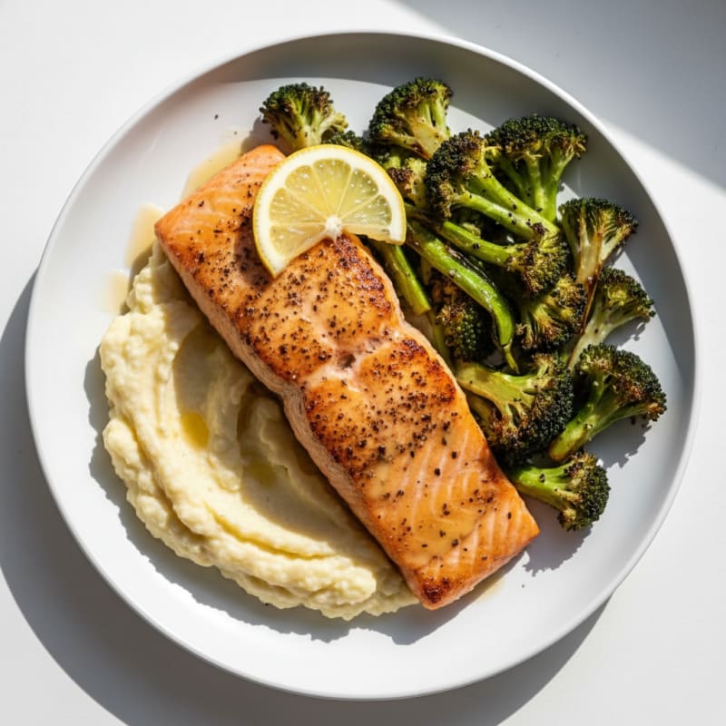 Seared Salmon Fillet with Roasted Broccoli and Cauliflower Mash