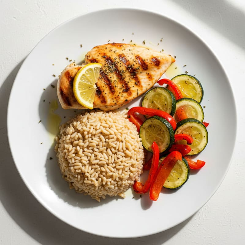Grilled Chicken Breast with Roasted Veggies and Brown Rice