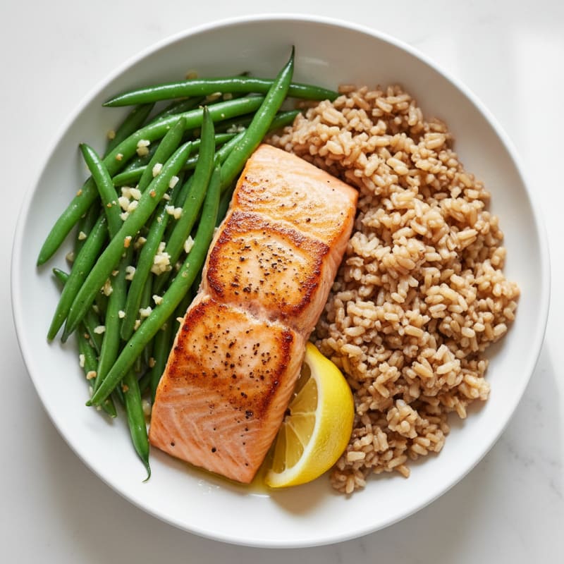 Seared Salmon with Garlic Green Beans and Brown Rice