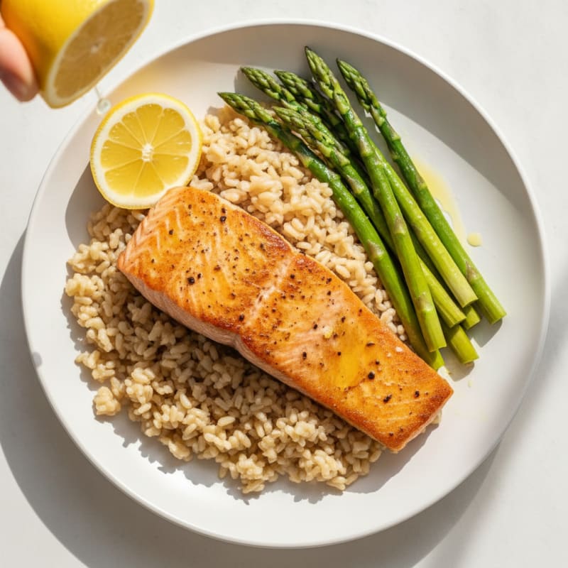 Seared Salmon with Steamed Asparagus and Brown Rice