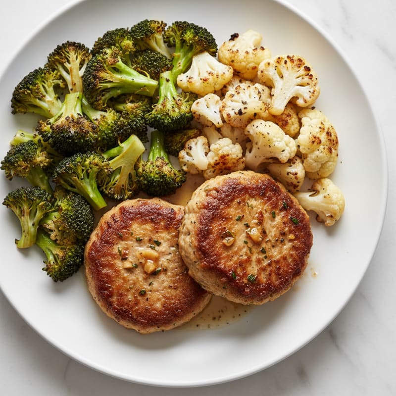 Seared Turkey Patties with Roasted Broccoli and Cauliflower