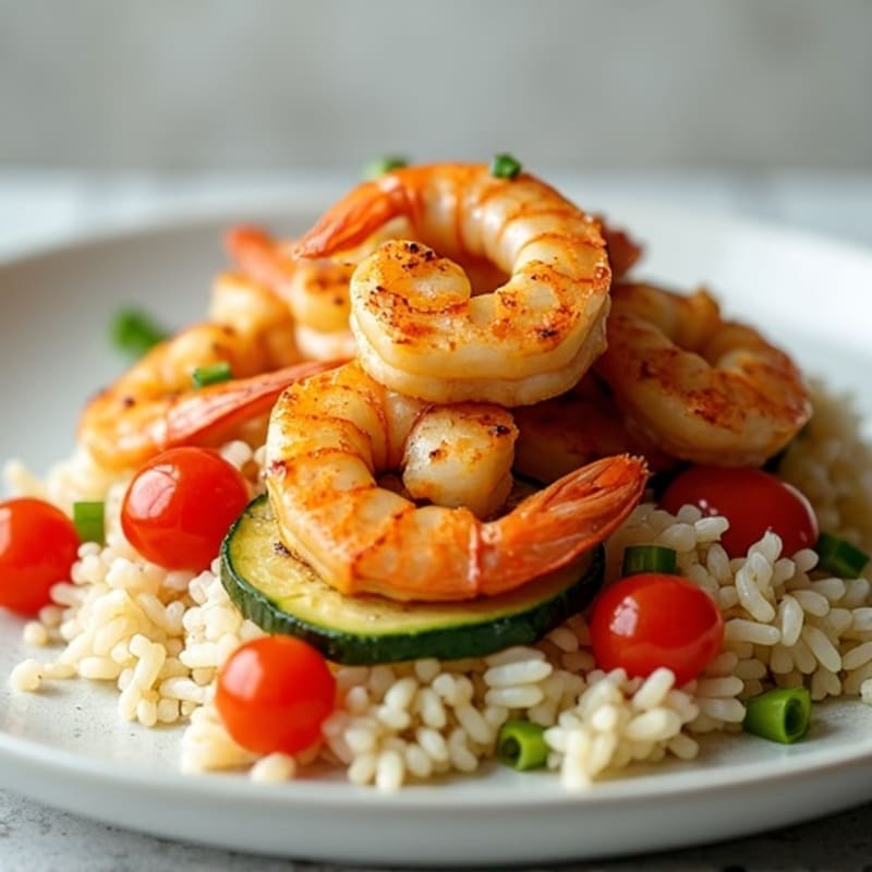 Seared Shrimp with Garlic Rice and Sautéed Vegetables