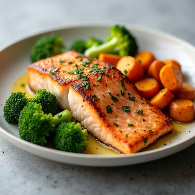 Seared Salmon with Roasted Sweet Potatoes and Steamed Broccoli