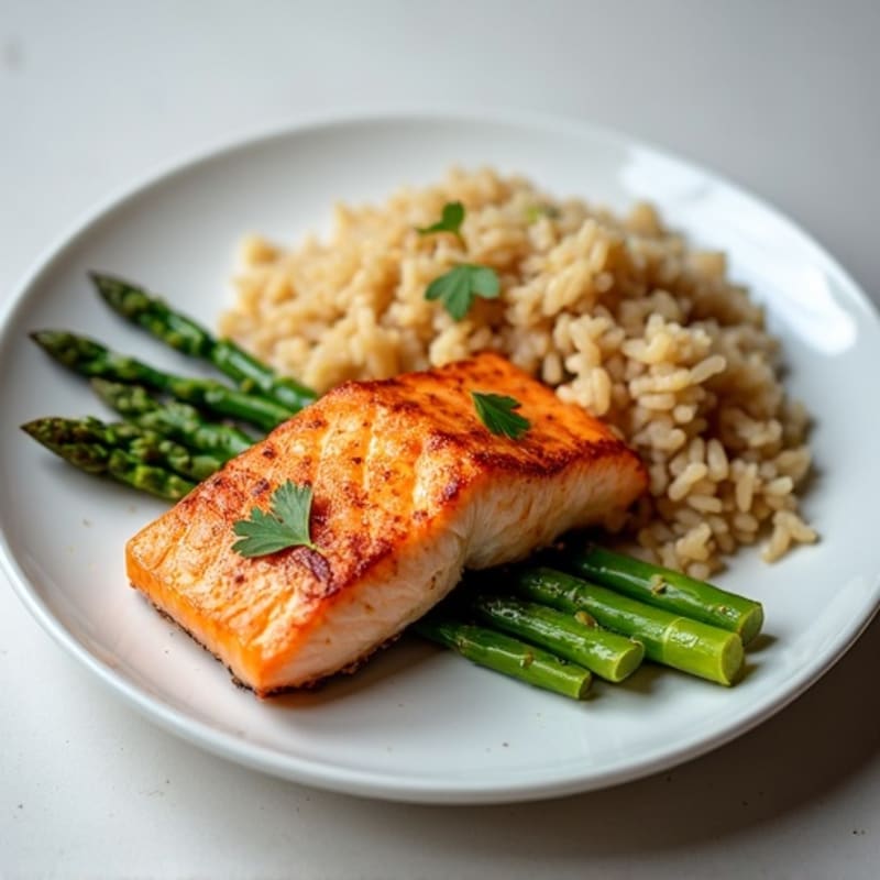 Seared Salmon with Steamed Asparagus and Brown Rice