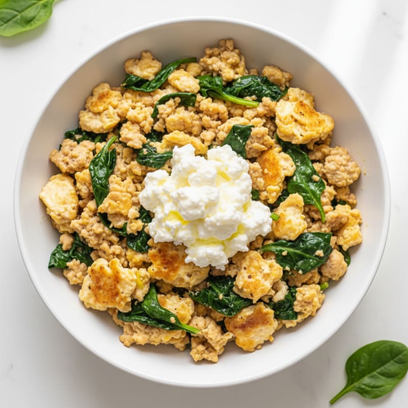 Egg White and Turkey Spinach Scramble with Cottage Cheese