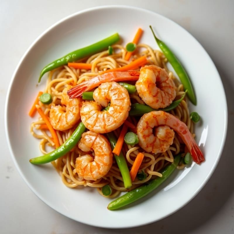 Shrimp with Tangy Peanut Rice Noodles and Crunchy Vegetables