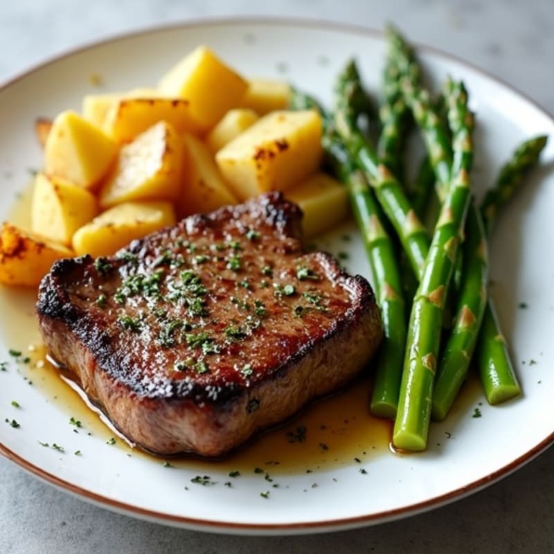Garlic Herb Pan-Seared Steak with Crispy Roasted Potatoes and Tender Asparagus