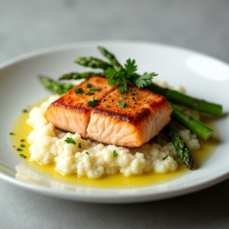 Seared Salmon with Steamed Asparagus and Mashed Cauliflower
