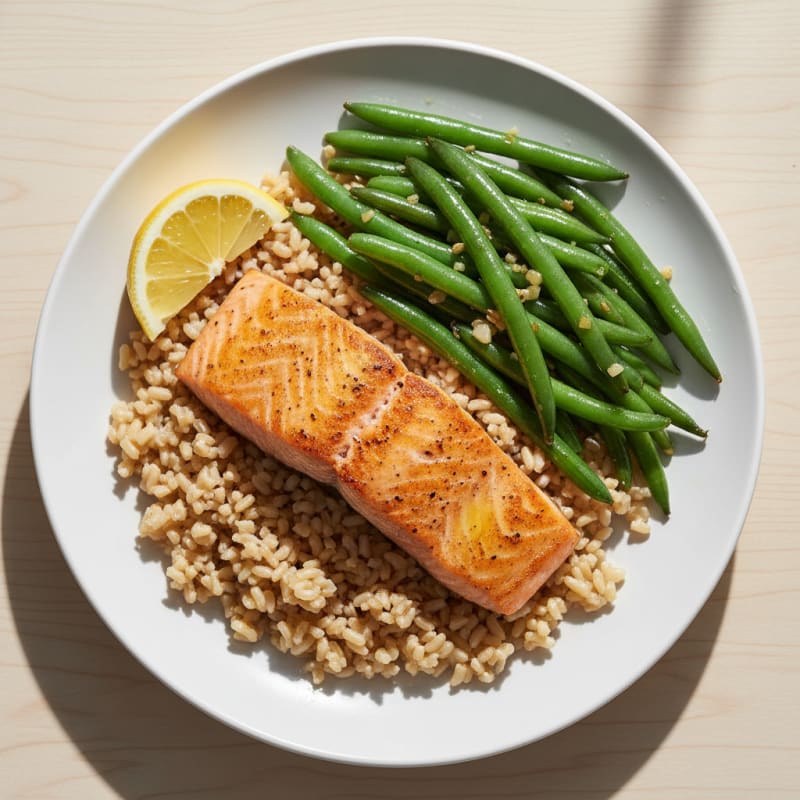 Seared Salmon Fillet with Garlic Green Beans and Brown Rice