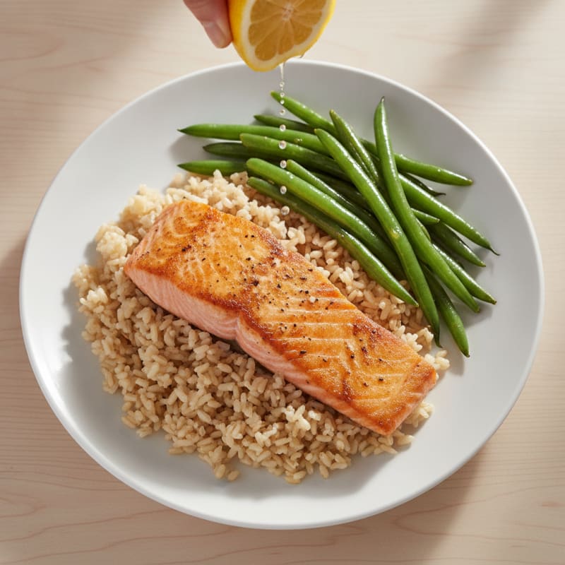 Seared Salmon with Steamed Green Beans and Brown Rice