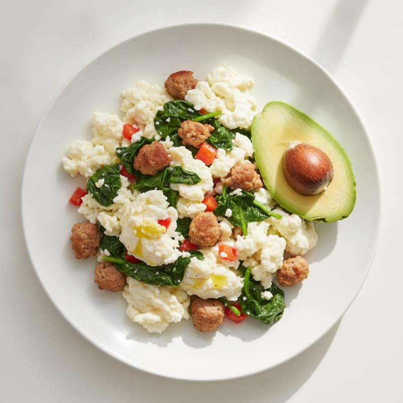 Egg White Scramble with Turkey Sausage and Sautéed Spinach