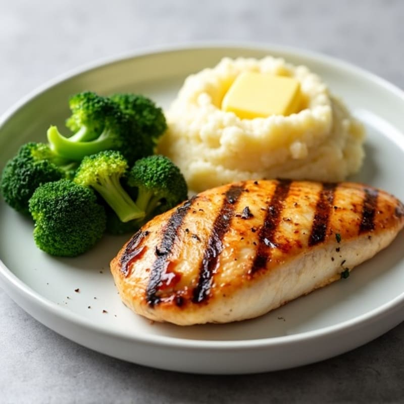 Grilled Chicken Breast with Steamed Broccoli and Garlic Mashed Potatoes