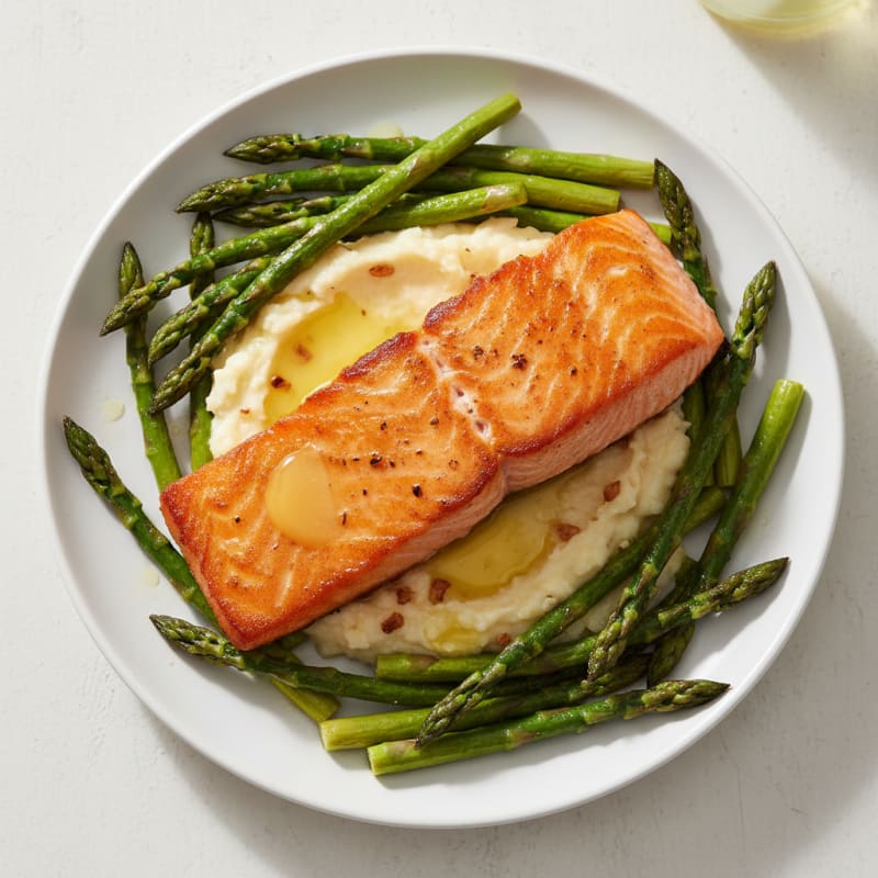 Seared Salmon with Roasted Asparagus and Cauliflower Mash