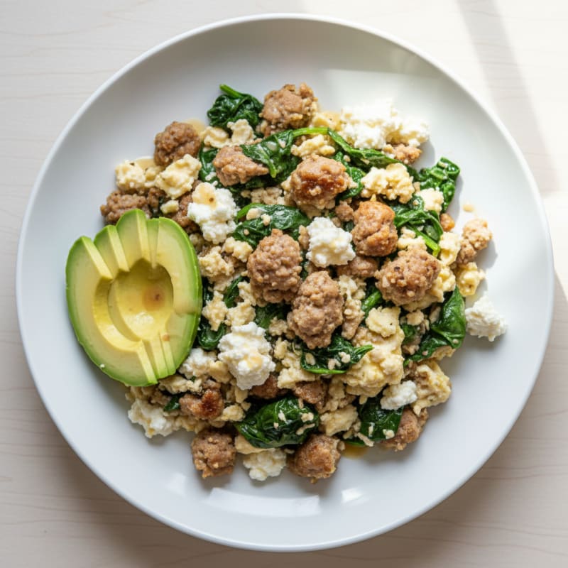 Egg White and Turkey Sausage Scramble with Cottage Cheese and Spinach