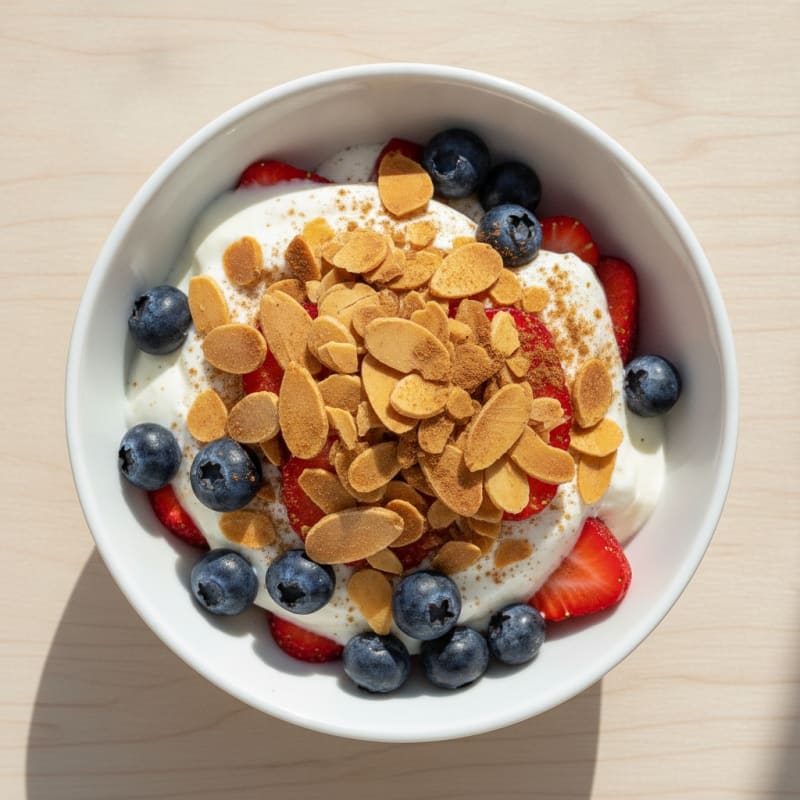 Greek Yoghurt Parfait with Mixed Berries and Sliced Almonds