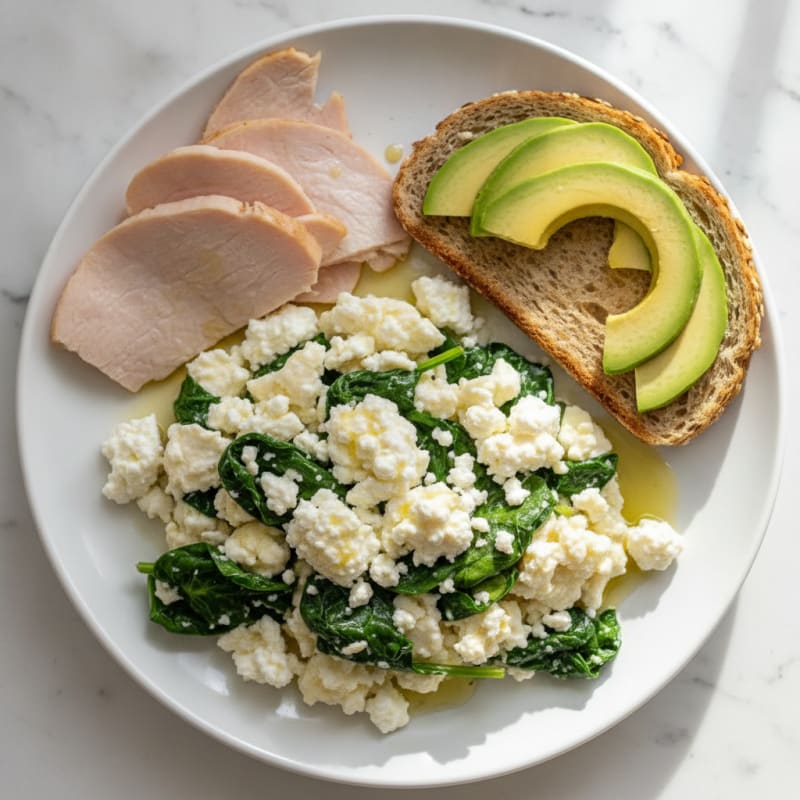 Egg White Spinach Scramble with Cottage Cheese and Sliced Turkey