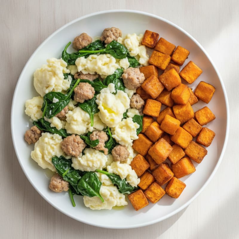 Egg White Scramble with Turkey Sausage and Sautéed Spinach
