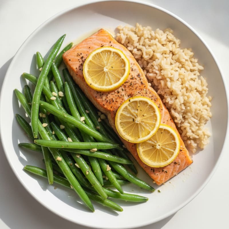 Baked Salmon with Garlic Green Beans and Brown Rice