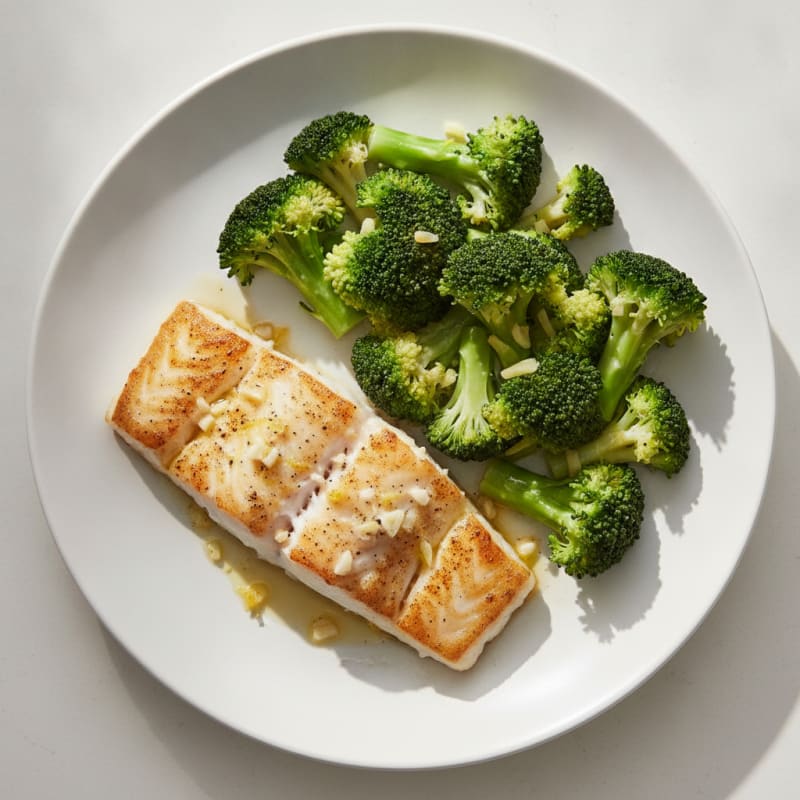 Seared White Fish with Steamed Broccoli and Lemon