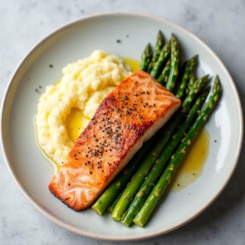 Seared Salmon with Steamed Asparagus and Cauliflower Mash