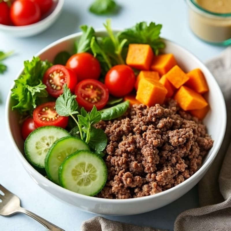 Seasoned Ground Beef Bowl with Roasted Sweet Potatoes and Fresh Garden Salad