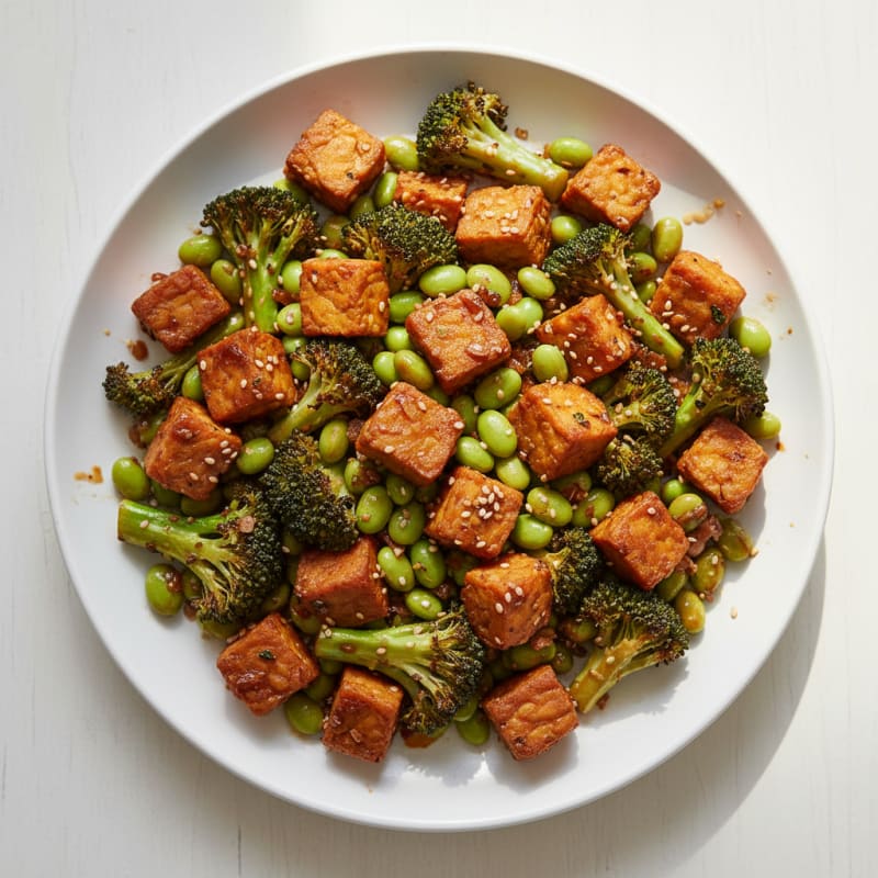 Crispy Tempeh with Roasted Broccoli and Edamame