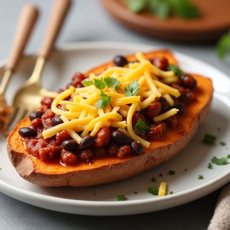 Baked Sweet Potato Skins with Turkey Chili and Melted Cheese