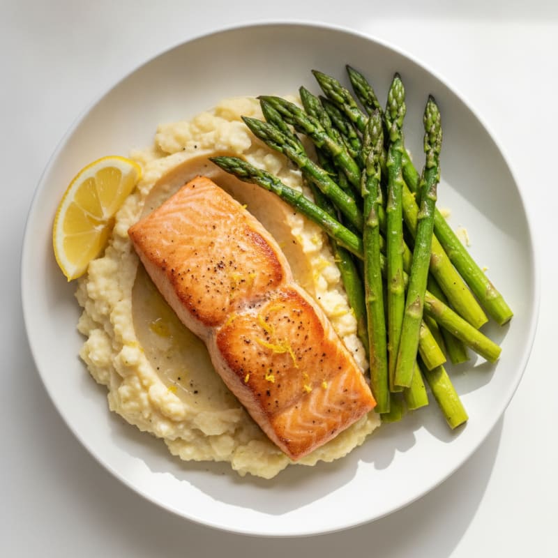 Seared Salmon with Roasted Asparagus and Cauliflower Mash