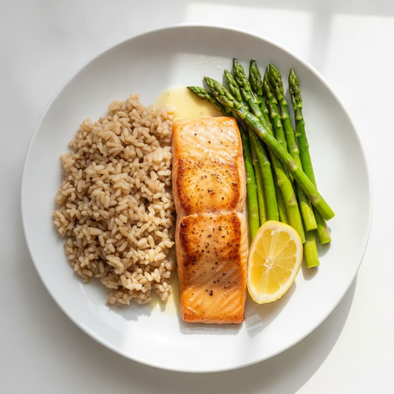 Seared Salmon Fillet with Steamed Asparagus and Brown Rice