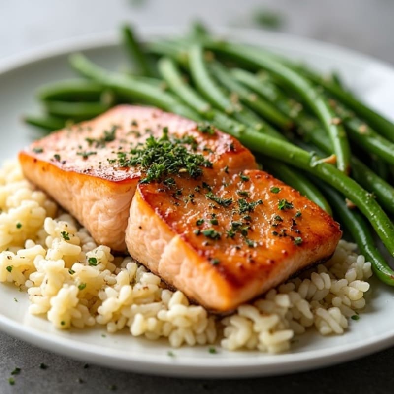 Herb-Crusted Pan Seared Salmon with Garlic Rice