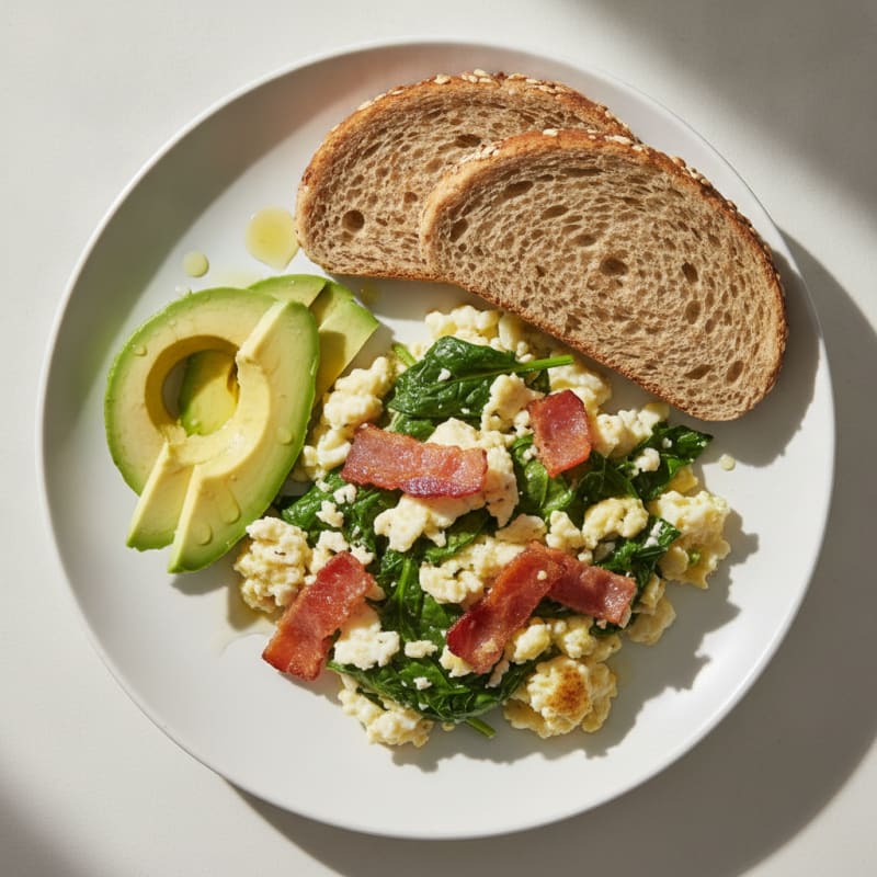 Crispy Turkey Bacon and Egg White Scramble with Spinach