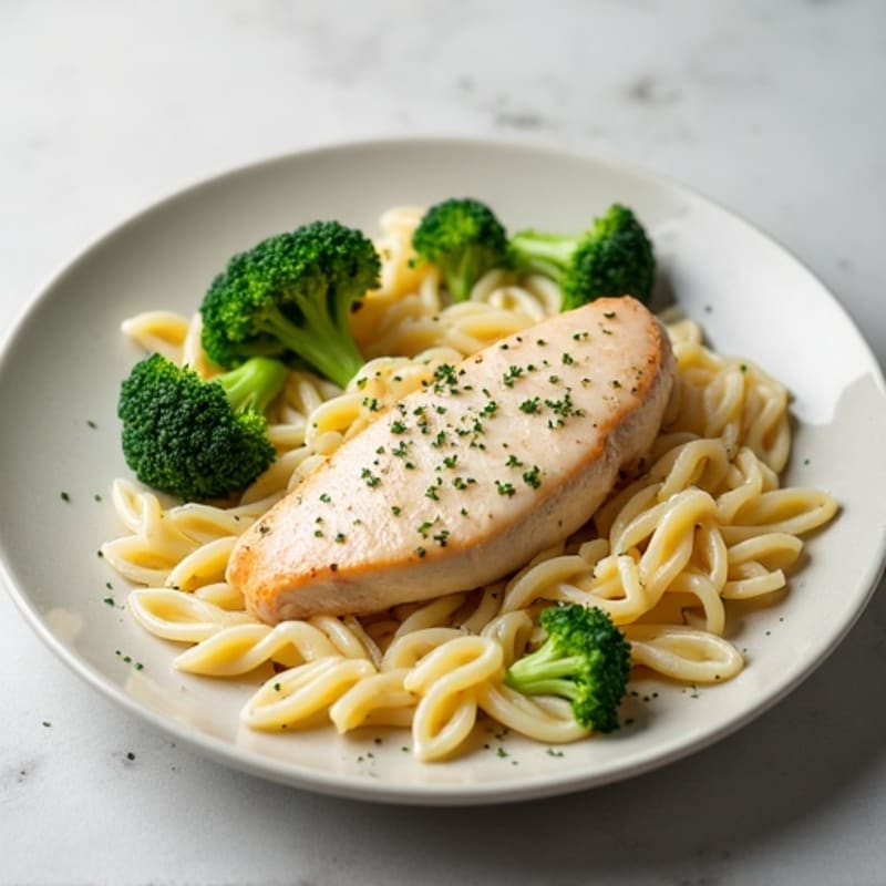 Lighter Creamy Chicken Alfredo with Roasted Broccoli