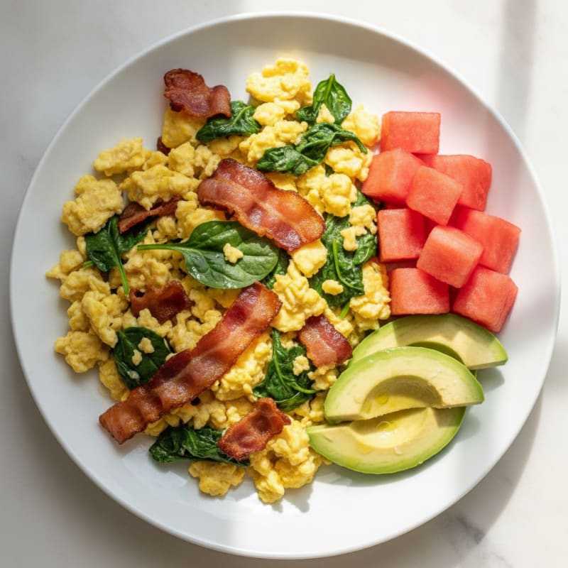 Crispy Bacon and Spinach Egg Scramble with Fresh Watermelon