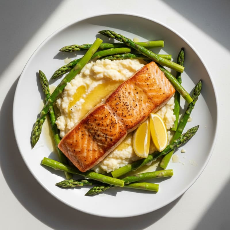 Seared Salmon with Steamed Asparagus and Cauliflower Mash