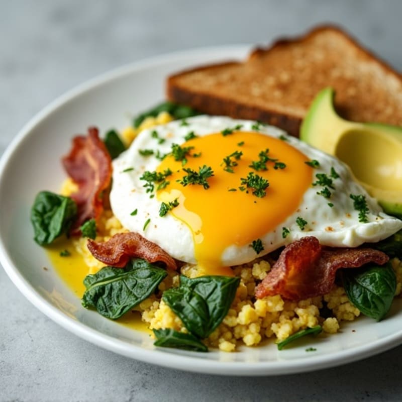 Egg White Spinach Scramble with Cottage Cheese and Turkey Bacon