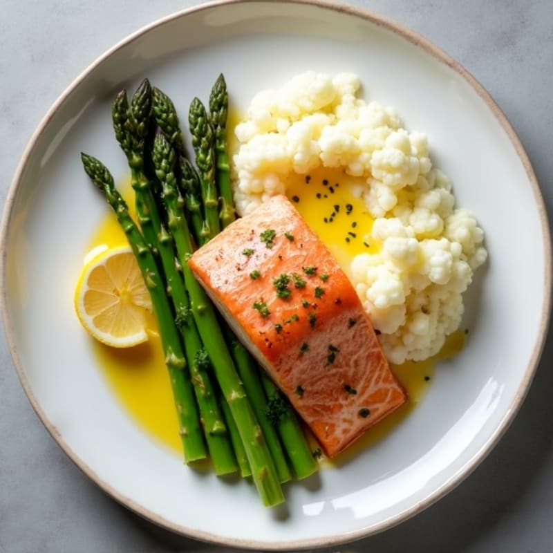 Seared Salmon with Steamed Asparagus and Cauliflower Mash