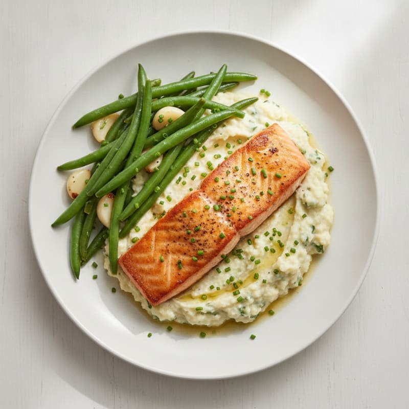 Seared Salmon with Garlic Green Beans and Herbed Cauliflower Mash