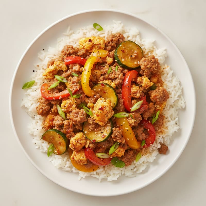 Spicy Beef and Egg Stir-Fry with Jasmine Rice