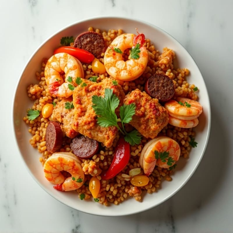 Spicy Chicken, Shrimp, and Sausage Brown Rice Skillet
