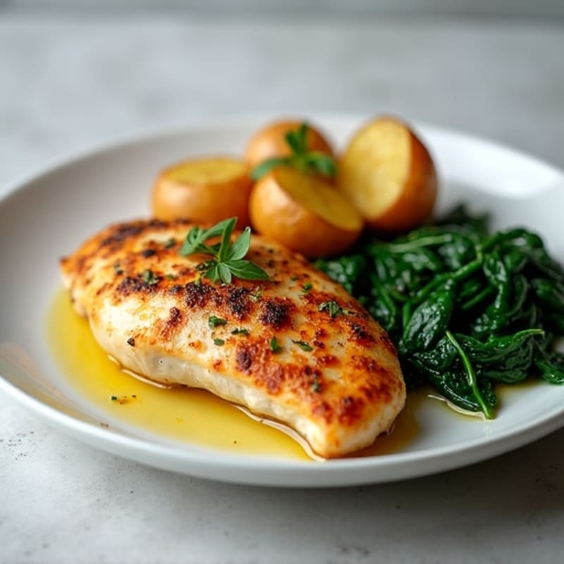 Oven-Baked Chicken Breast with Roasted Potatoes and Cooked Spinach